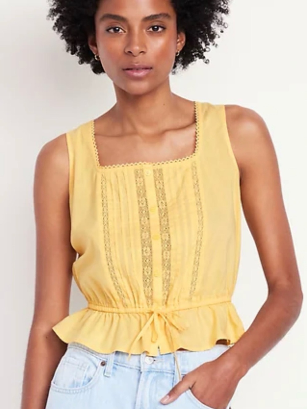 Sleeveless Yellow Lace-Trim Peplum Tank Top
